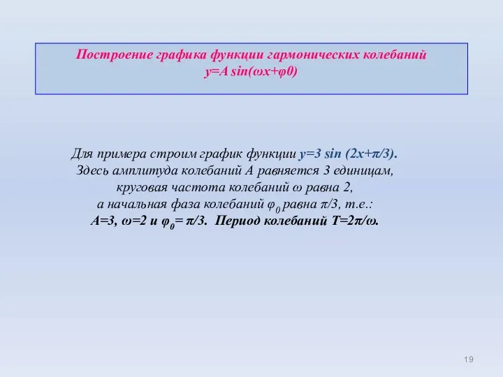 Построение графика функции гармонических колебаний y=A sin(ωx+φ0) Для примера строим