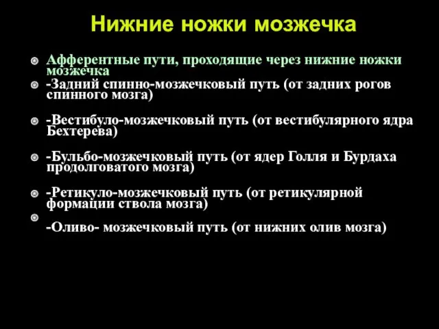 Нижние ножки мозжечка Афферентные пути, проходящие через нижние ножки мозжечка