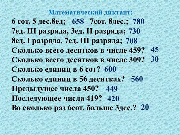 Математический диктант: 6 сот. 5 дес.8ед; 7сот. 8дес.; 7ед. III