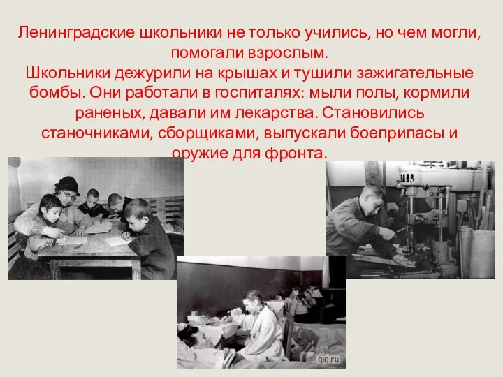 Ленинградские школьники не только учились, но чем могли, помогали взрослым.