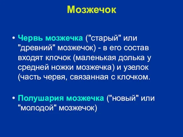 Мозжечок Червь мозжечка ("старый" или "древний" мозжечок) - в его