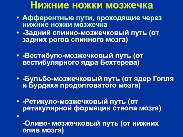 Нижние ножки мозжечка Афферентные пути, проходящие через нижние ножки мозжечка