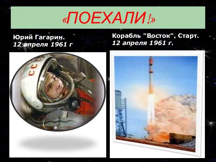 «ПОЕХАЛИ!» Юрий Гагарин. 12 апреля 1961 г Корабль "Восток". Старт. 12 апреля 1961 г.