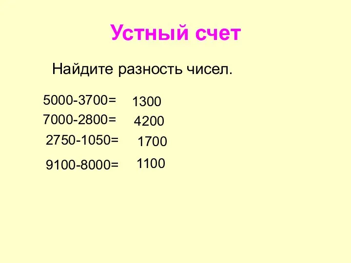 Устный счет Найдите разность чисел. 5000-3700= 1300 7000-2800= 4200 2750-1050= 1700 9100-8000= 1100