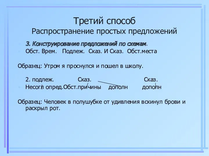 Третий способ Распространение простых предложений 3. Конструирование предложений по схемам.