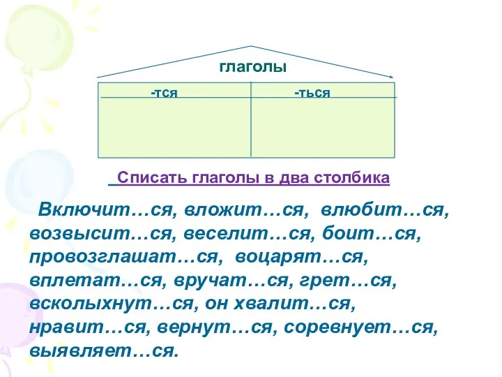 глаголы -тся -ться Списать глаголы в два столбика Включит…ся, вложит…ся,