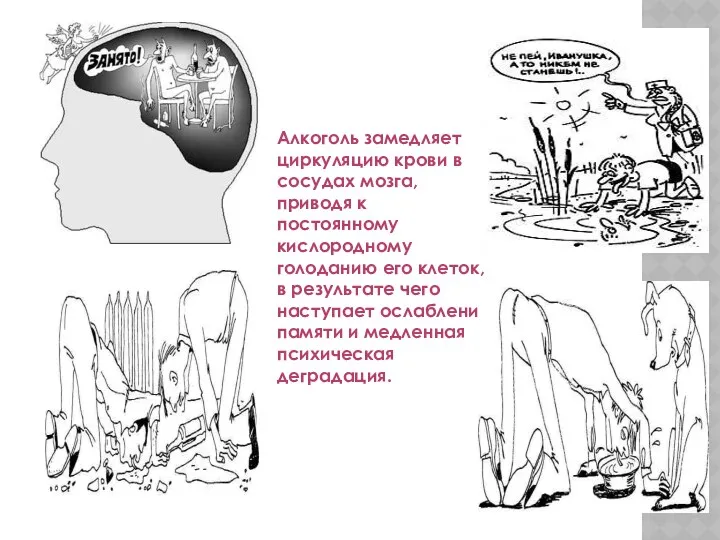 Алкоголь замедляет циркуляцию крови в сосудах мозга, приводя к постоянному