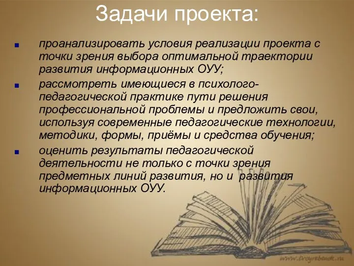 Задачи проекта: проанализировать условия реализации проекта с точки зрения выбора