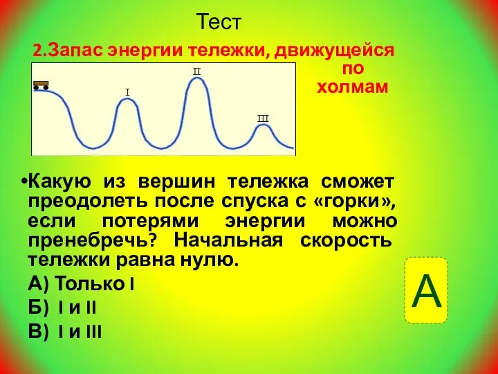 Тест 2.Запас энергии тележки, движущейся по холмам Какую из вершин