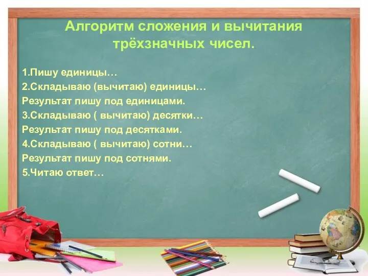 Алгоритм сложения и вычитания трёхзначных чисел. 1.Пишу единицы… 2.Складываю (вычитаю)