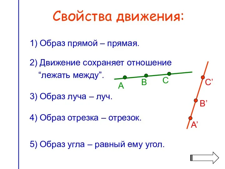 Свойства движения: 3) Образ луча – луч. 1) Образ прямой – прямая. 4)