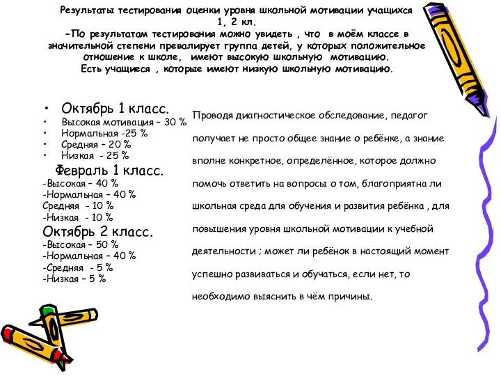 Результаты тестирования оценки уровня школьной мотивации учащихся 1, 2 кл. -По результатам тестирования