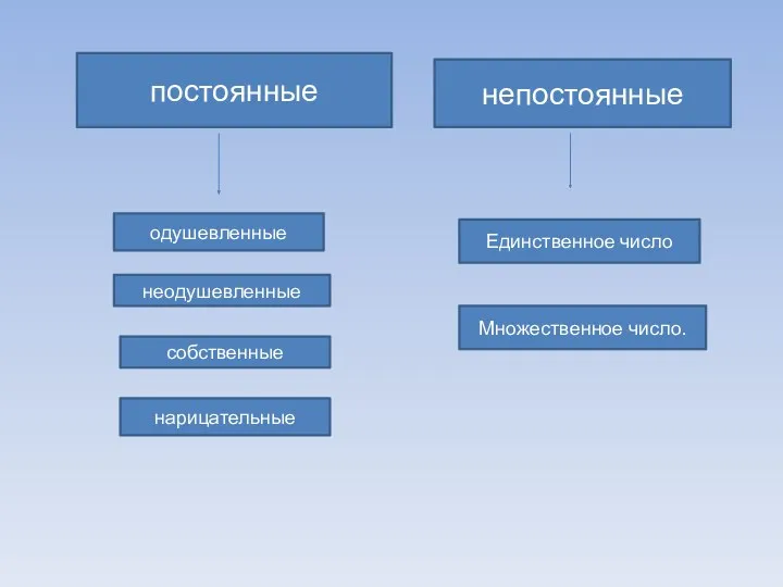 постоянные непостоянные одушевленные неодушевленные собственные нарицательные Единственное число Множественное число.