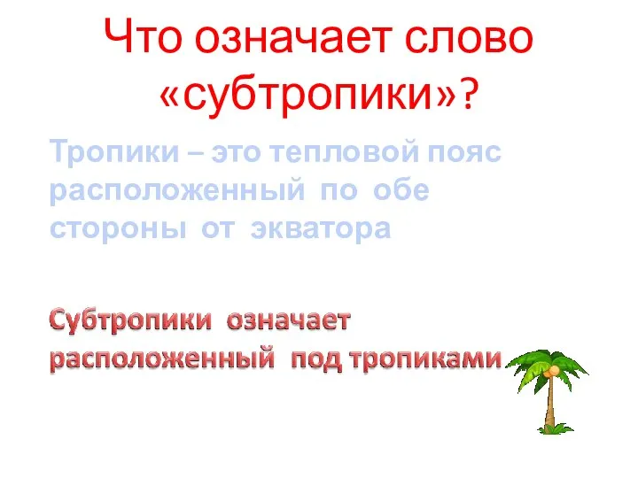 Что означает слово «субтропики»? Тропики – это тепловой пояс расположенный по обе стороны от экватора