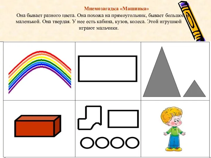 Мнемозагадка «Машинка» Она бывает разного цвета. Она похожа на прямоугольник,