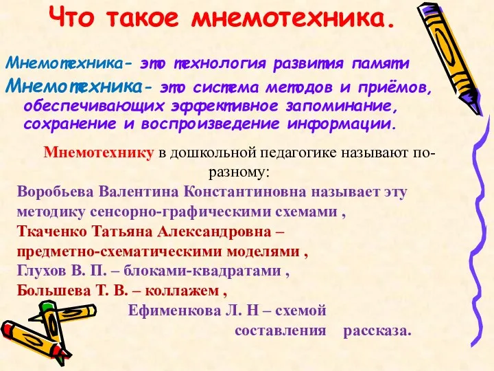 Что такое мнемотехника. Мнемотехника- это технология развития памяти Мнемотехника- это система методов и