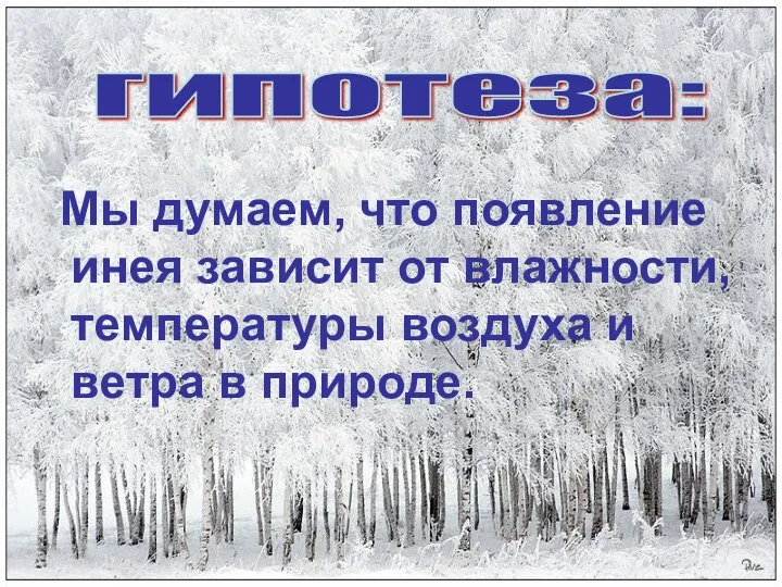 Мы думаем, что появление инея зависит от влажности, температуры воздуха и ветра в природе. гипотеза: