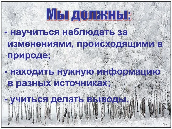 Мы должны: научиться наблюдать за изменениями, происходящими в природе; находить