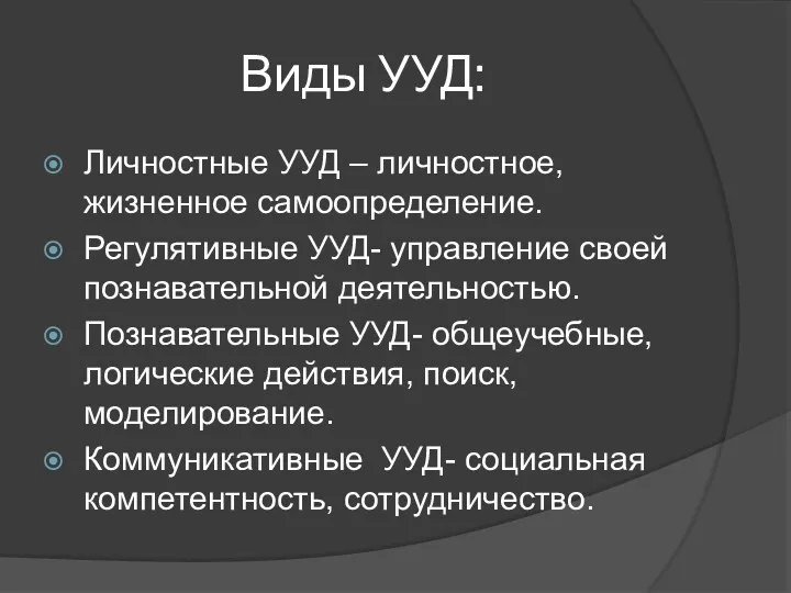 Виды УУД: Личностные УУД – личностное, жизненное самоопределение. Регулятивные УУД- управление своей познавательной