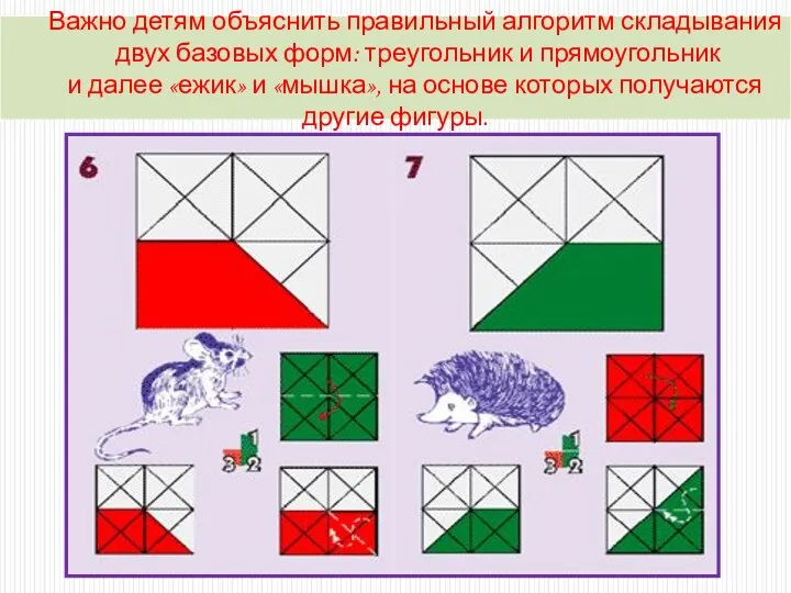 Важно детям объяснить правильный алгоритм складывания двух базовых форм: треугольник и прямоугольник и