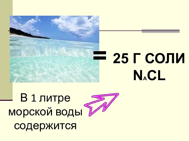 В 1 литре морской воды содержится = 25 Г СОЛИ NACL