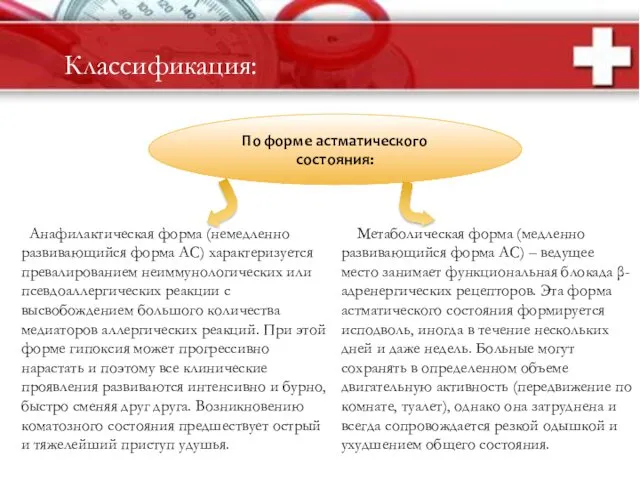 Классификация: По форме астматического состояния: Анафилактическая форма (немедленно развивающийся форма