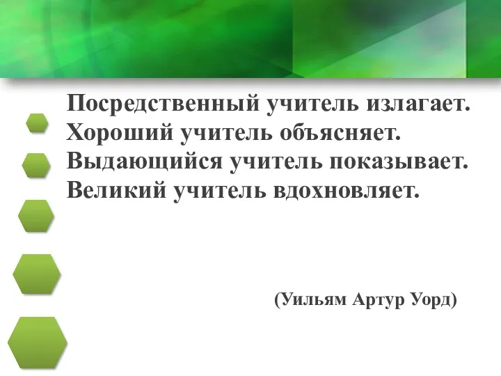 Посредственный учитель излагает. Хороший учитель объясняет. Выдающийся учитель показывает. Великий учитель вдохновляет. (Уильям Артур Уорд)