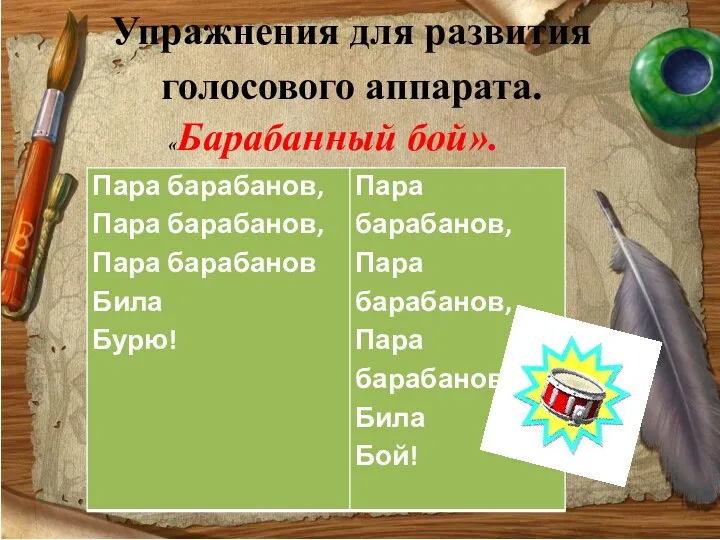 Упражнения для развития голосового аппарата. «Барабанный бой». Это упражнение сопровождается стихотворением: