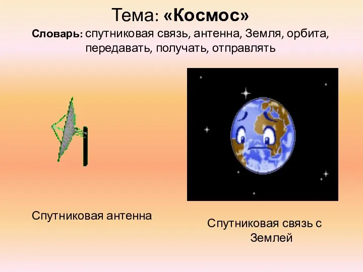 Тема: «Космос» Словарь: спутниковая связь, антенна, Земля, орбита, передавать, получать, отправлять Спутниковая антенна