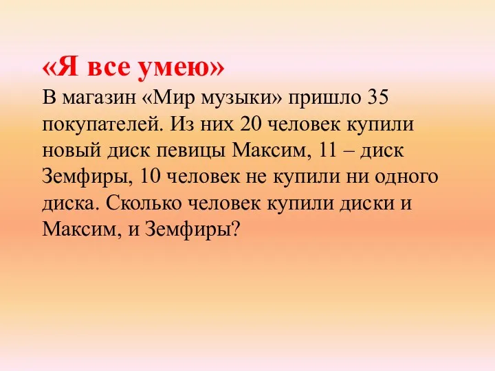 «Я все умею» В магазин «Мир музыки» пришло 35 покупателей.