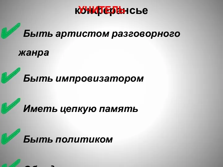 конферансье Быть артистом разговорного жанра Быть импровизатором Иметь цепкую память