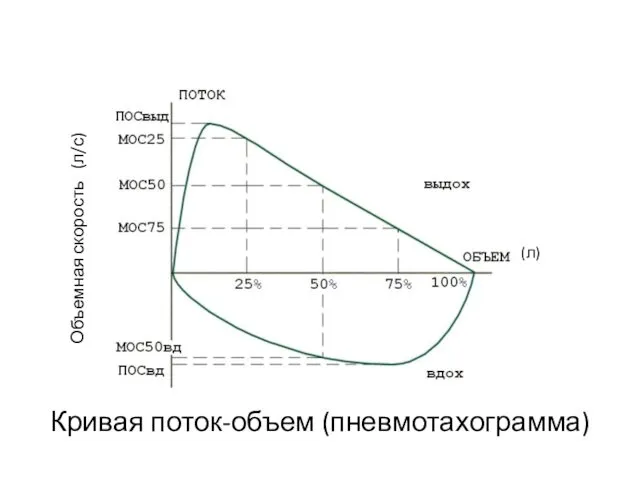 Кривая поток-объем (пневмотахограмма) Объемная скорость (л/с) (л)