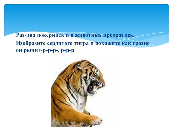 Раз-два повернись и в животных превратись. Изобразите сердитого тигра и покажите как грозно он рычит-р-р-р-, р-р-р