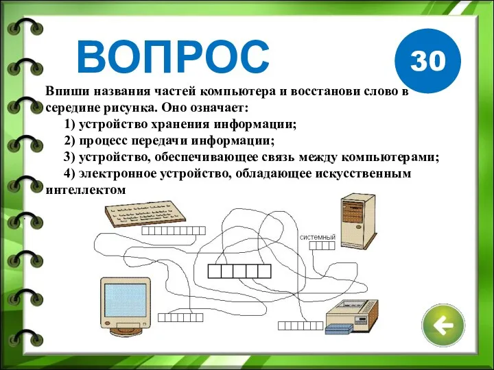 30 ВОПРОС . Впиши названия частей компьютера и восстанови слово в середине рисунка.