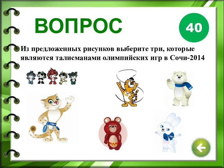 40 ВОПРОС Из предложенных рисунков выберите три, которые являются талисманами олимпийских игр в Сочи-2014