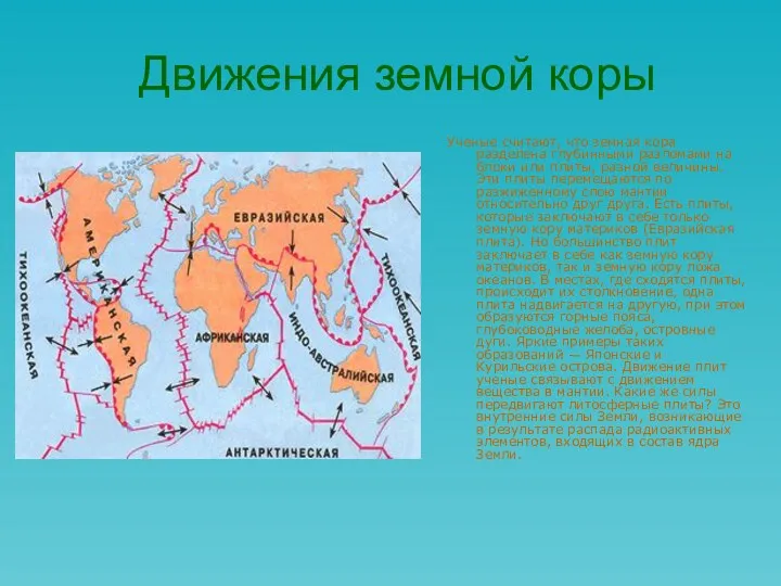 Движения земной коры Ученые считают, что земная кора разделена глубинными