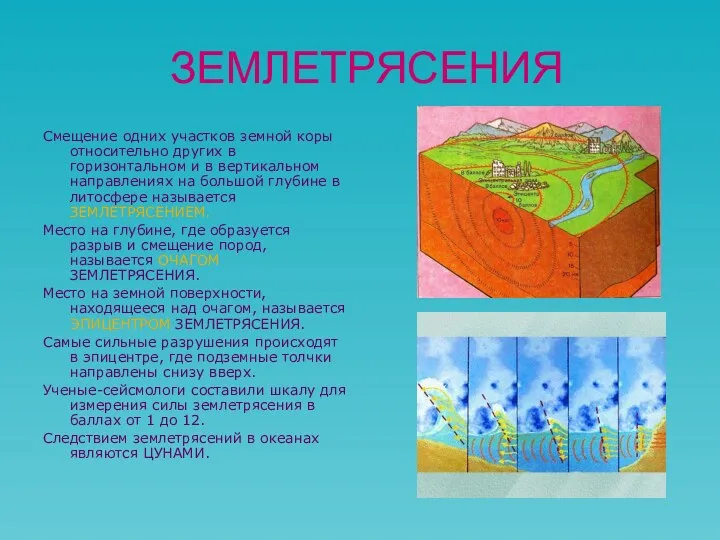 ЗЕМЛЕТРЯСЕНИЯ Смещение одних участков земной коры относительно других в горизонтальном