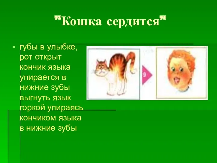 "Кошка сердится" губы в улыбке, рот открыт кончик языка упирается