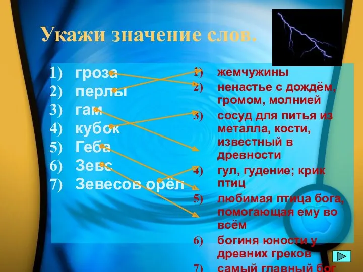 Укажи значение слов. гроза перлы гам кубок Геба Зевс Зевесов