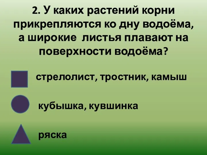 2. У каких растений корни прикрепляются ко дну водоёма, а