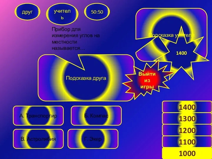 Прибор для измерения углов на местности называется… друг учитель 50:50