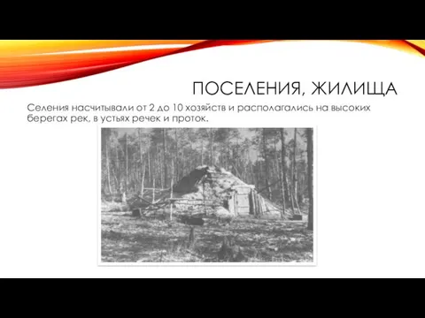 ПОСЕЛЕНИЯ, ЖИЛИЩА Селения насчитывали от 2 до 10 хозяйств и