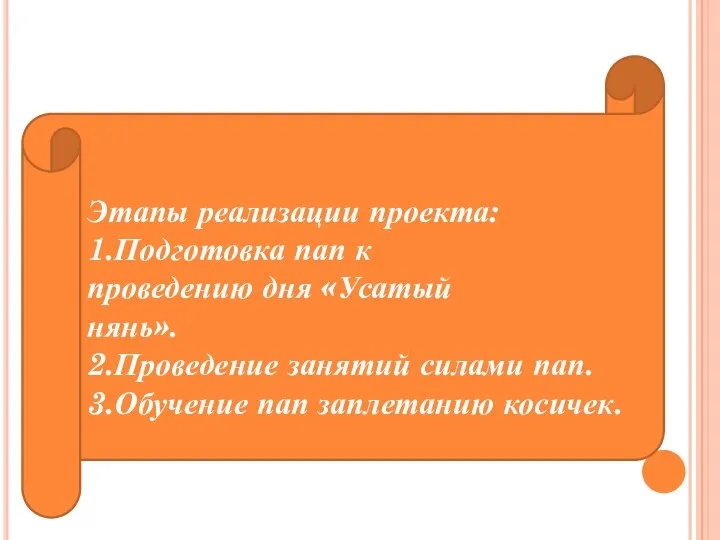 Этапы реализации проекта: 1.Подготовка пап к проведению дня «Усатый нянь».