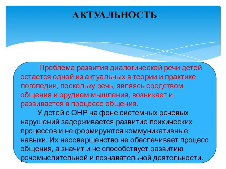 АКТУАЛЬНОСТЬ Проблема развития диалогической речи детей остается одной из актуальных