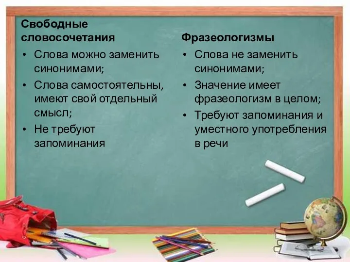 Свободные словосочетания Слова можно заменить синонимами; Слова самостоятельны, имеют свой