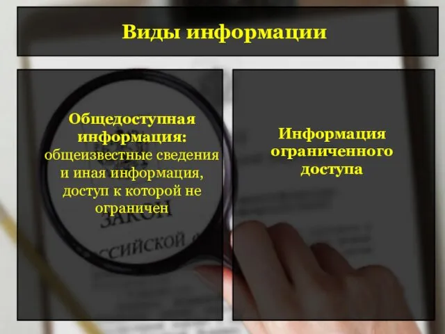 Виды информации Общедоступная информация: общеизвестные сведения и иная информация, доступ