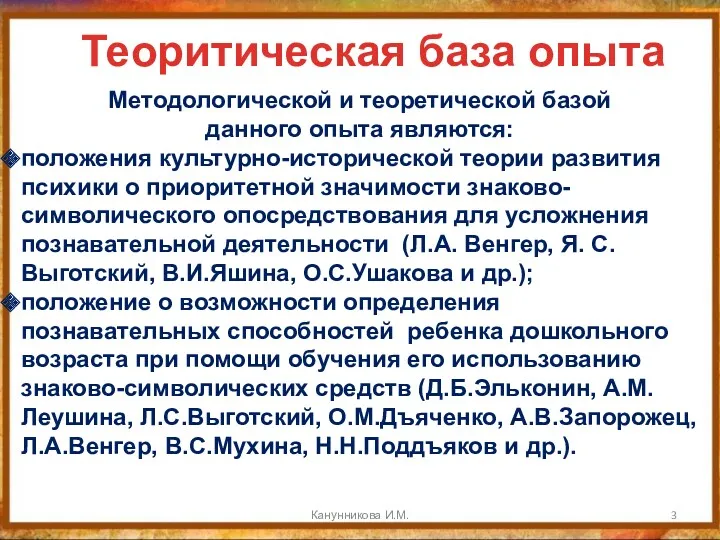 Канунникова И.М. Теоритическая база опыта Методологической и теоретической базой данного