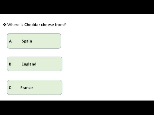 Where is Cheddar cheese from? A Spain B England C France