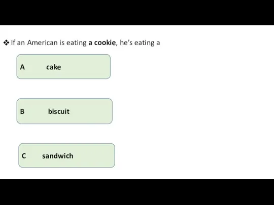 If an American is eating a cookie, he’s eating a A cake B biscuit C sandwich