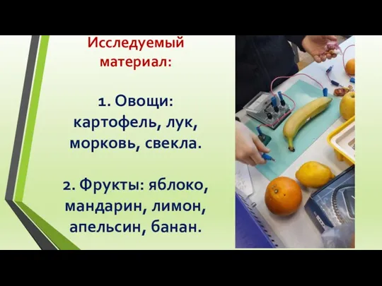 Исследуемый материал: 1. Овощи: картофель, лук, морковь, свекла. 2. Фрукты: яблоко, мандарин, лимон, апельсин, банан.